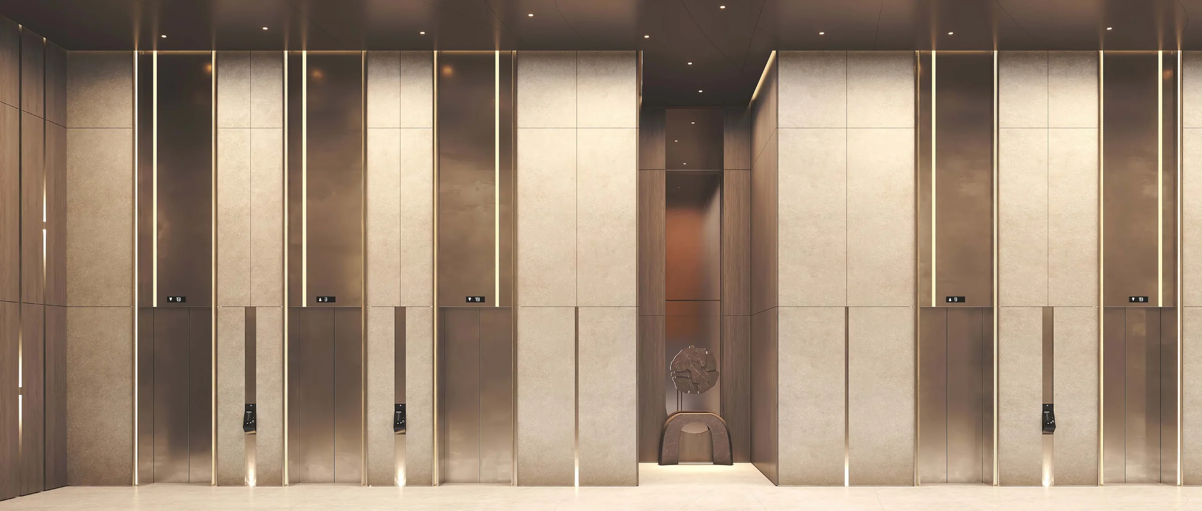 Лифтовой холл AURUS Residences с бронзовыми панелями