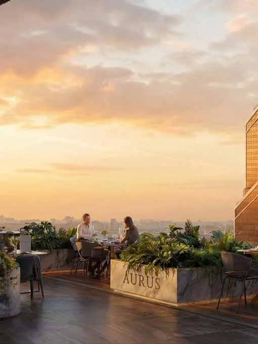 Терраса Aurus Sky Club на закате с видом на башню и город